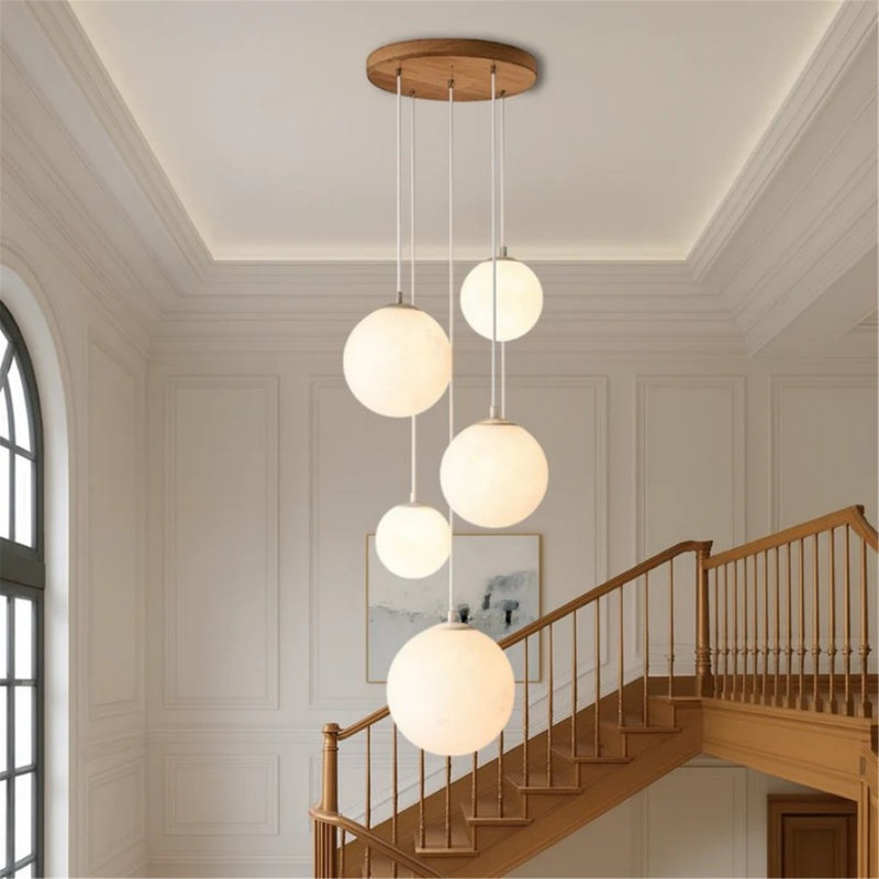 Modern Moon Globe Multi-cluster Chandelier, 5-light Warm Tone Pe Shade, Wood Base For Living Room, Staircase, Foyer, Entryway