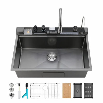 Évier de cuisine à une cuve en acier inoxydable 304 noir avec bec en cascade et accessoires pour lave-tasses