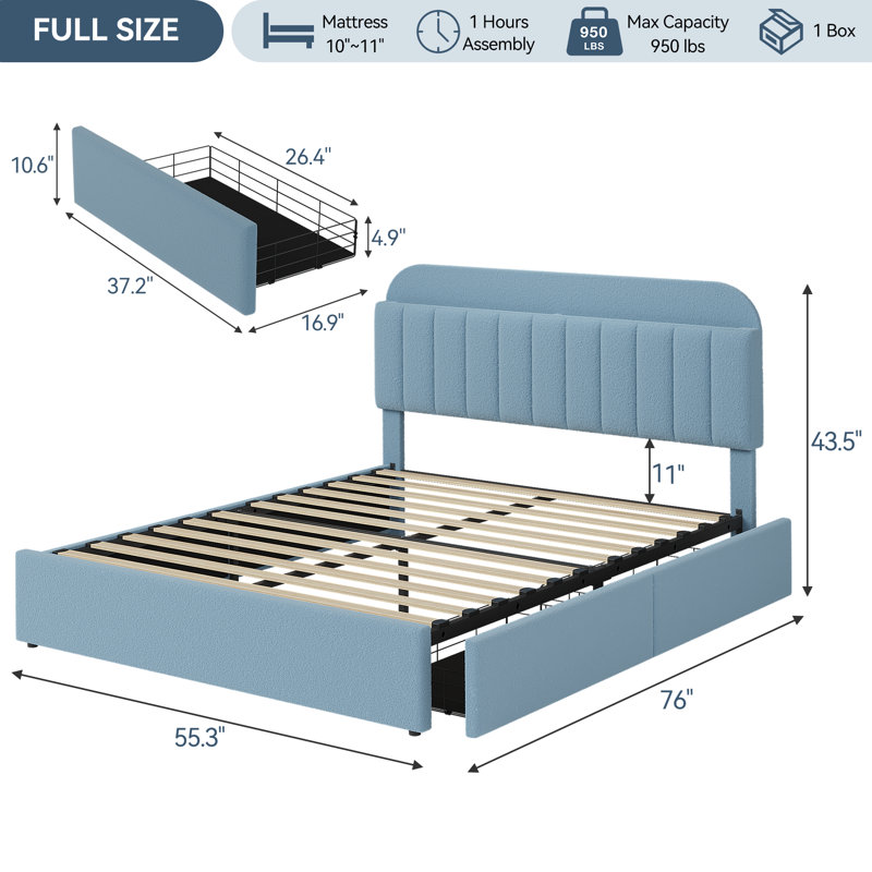 Bed Frame with 2 Storage Drawers, Kids Bedframe with Storage Headboard, Upholstered Bed Frame, Blue, Full