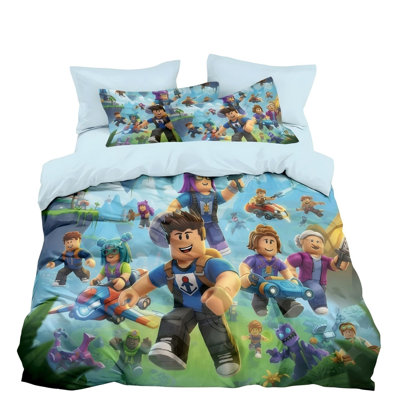 Ensemble de literie 4 pièces Roblox Cadeaux pour filles / garçons Enfants et adolescents Housse de couette en polyester pour lit simple TG