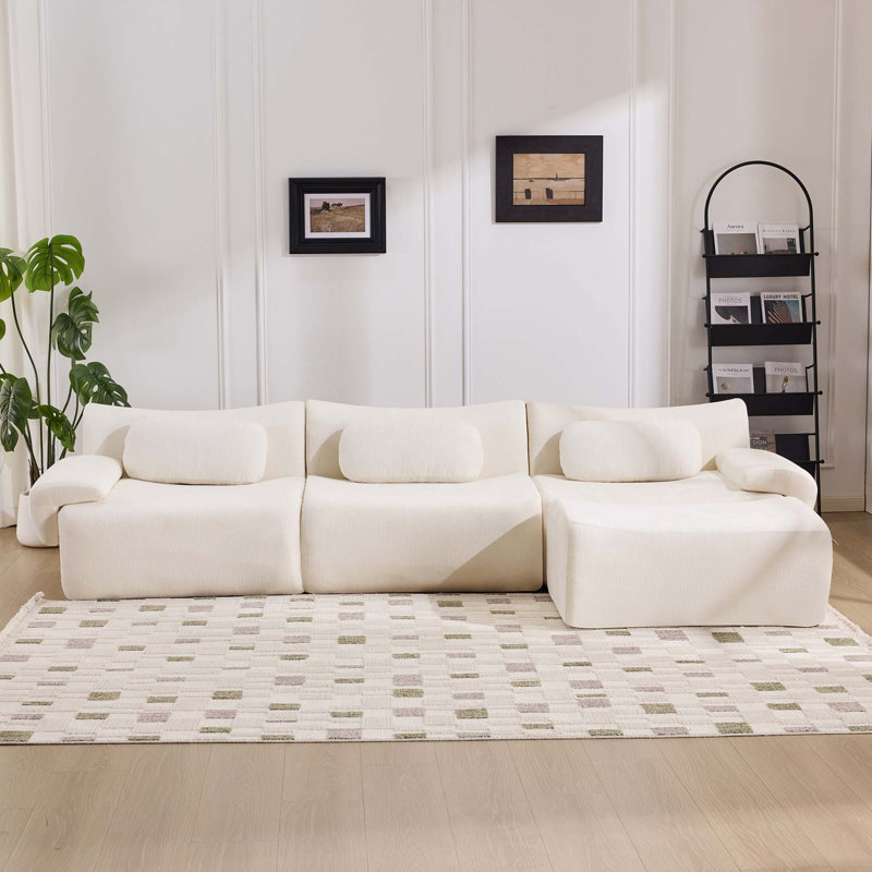 Canapé modulaire à assise profonde en chenille avec mousse auto-récupératrice, Blanc