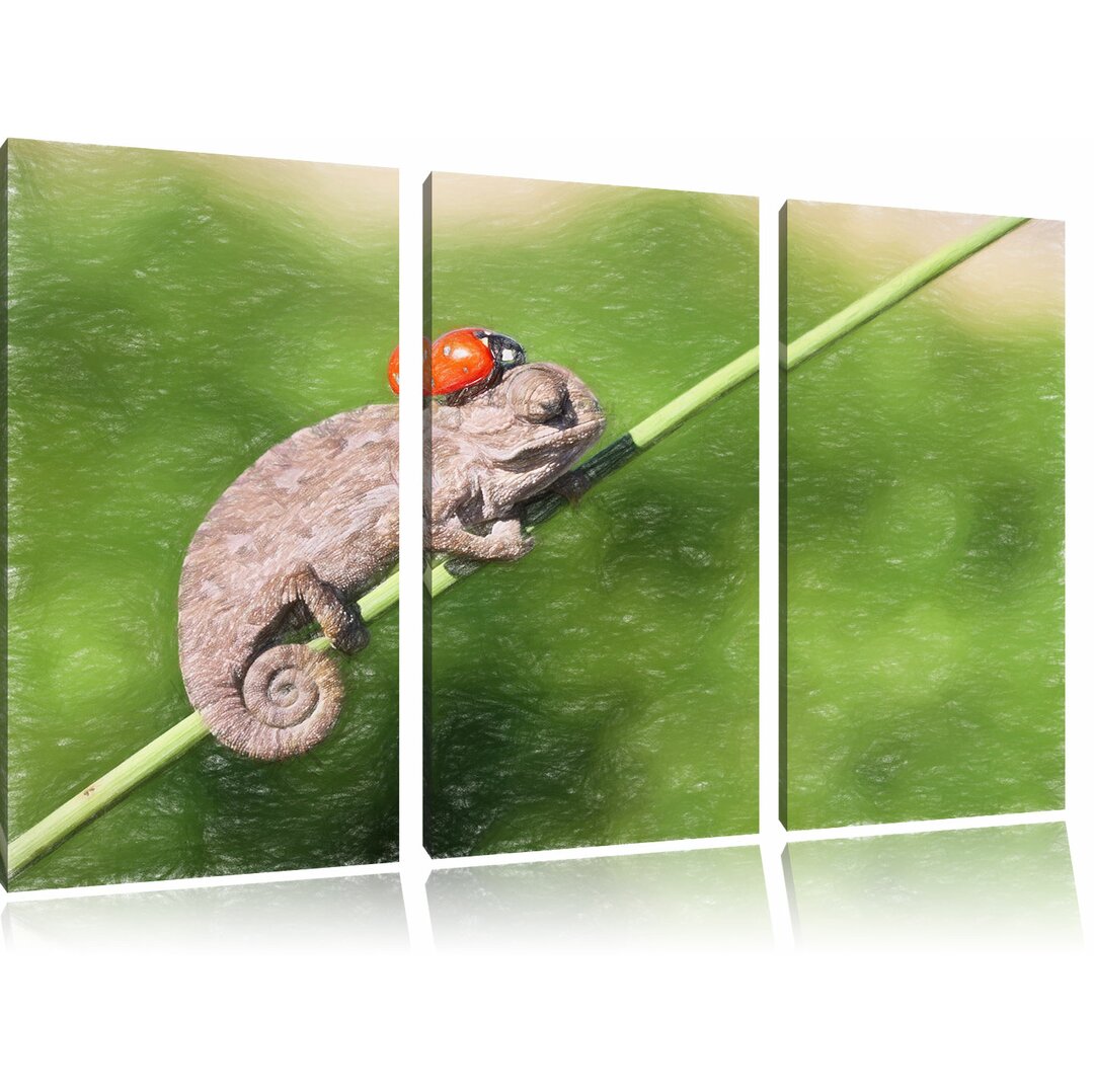 3-tlg. Leinwandbilder-Set „Süßer Gecko mit einem Marienkäfer“, Grafikdruck