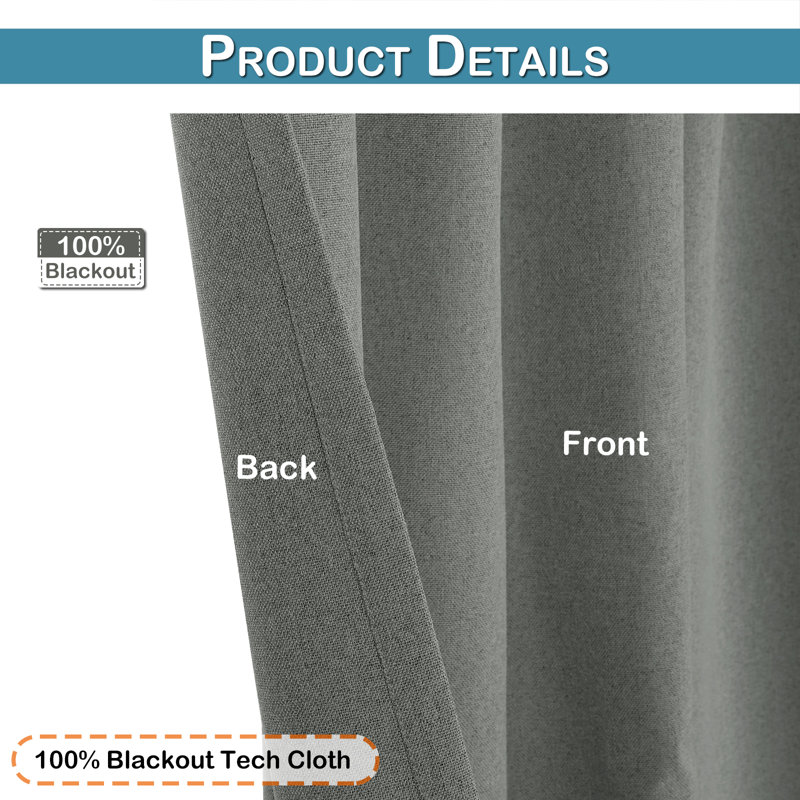 Thicken Blackout Curtains Faux Linen Pattern Window Drapes Thermal Isolate Functional Heading Curtains, 52" W x 108" L
