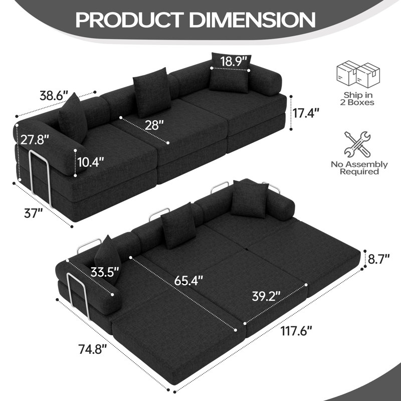 Boneless 117.6-Inch Convertible Folding Sofa Bed, Fixed-Shape Frame Floor Sleeper Sofa, Oversized Modular Sectional Couch With Chenille Upholstery For Living Room
