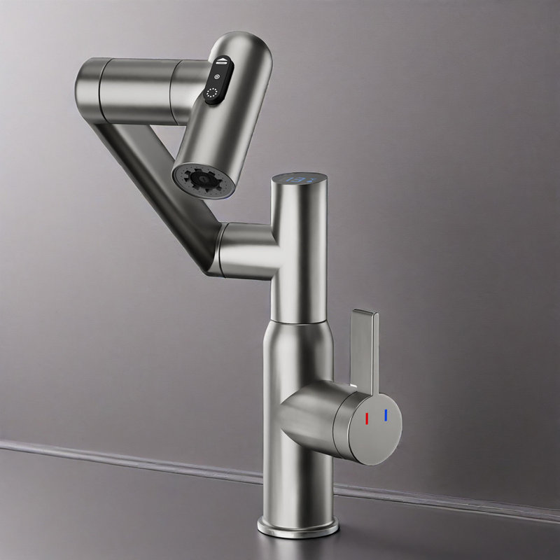 Bathroom Sink Faucet With Spray Function And Temperature Display For Anti-skid Switch And Hot & Cold And 360° Rotary