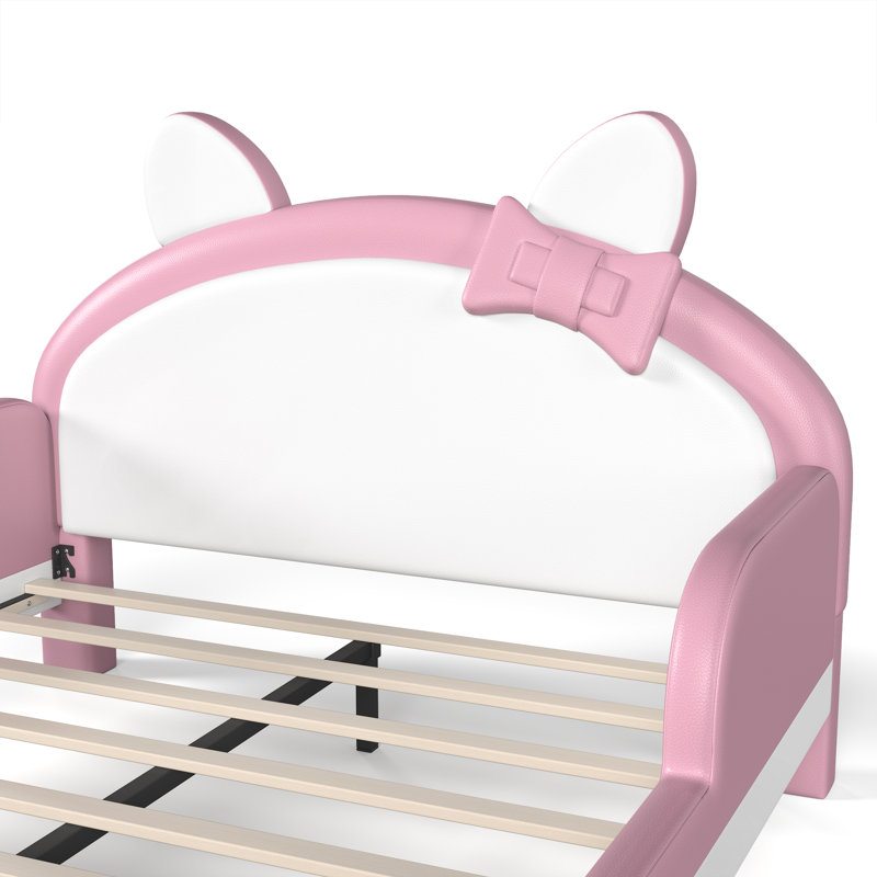 Lit plateforme tapissier pour enfant complet en forme de chat, cadre de lit pour enfant à profil bas de style princesse pour chambre à coucher, blanc et rose