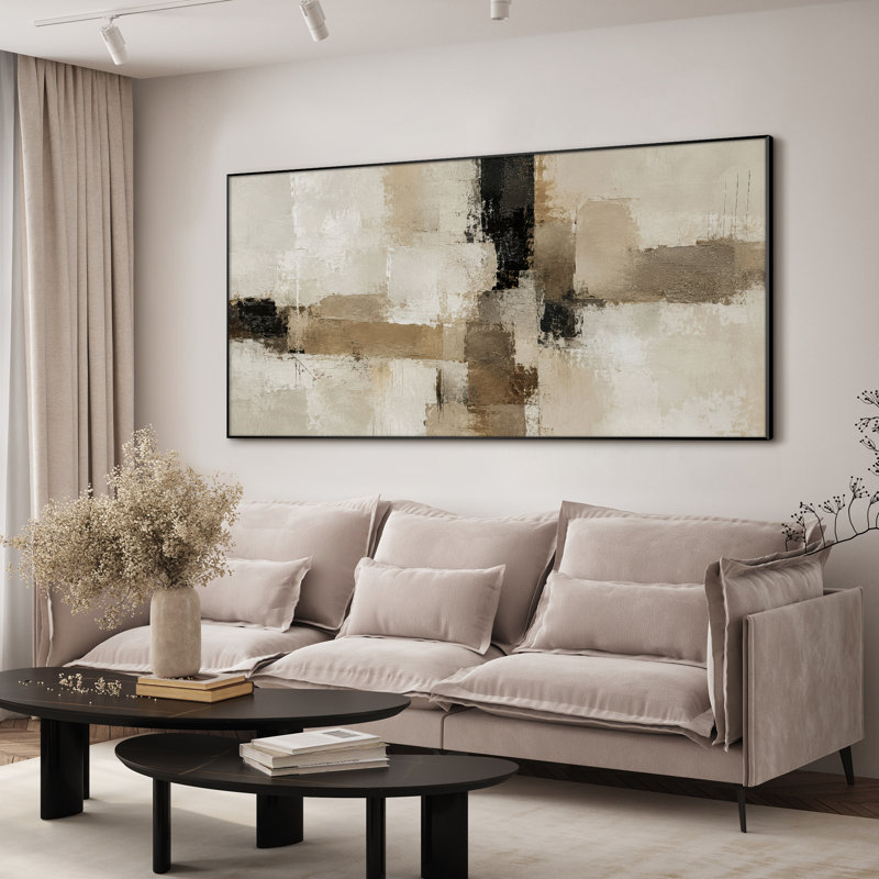 Très grand art mural imprimé sur toile - Formes horizontales abstraites beiges, décoration de salon moderne - "Assemblage requis du cadre (cadre non fini)"