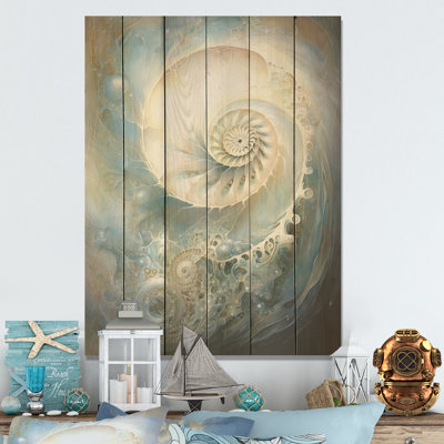 Blue And White Nautilus Pearl Passage - Nautilus Wood Art On Natural Pine Wood