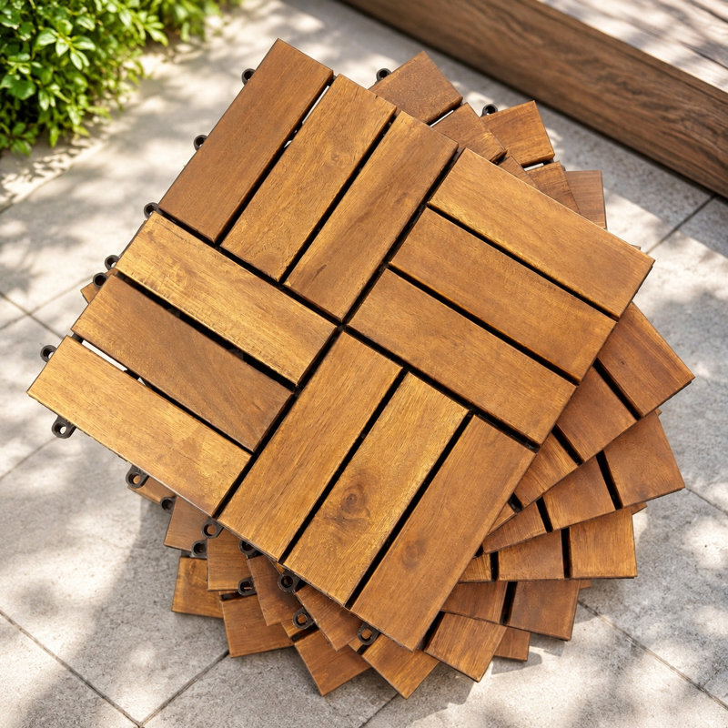 Ensemble de tuiles de terrasse en bois d'acacia emboîtables 30 pièces, motif à carreaux 12 po x 12 po, naturel