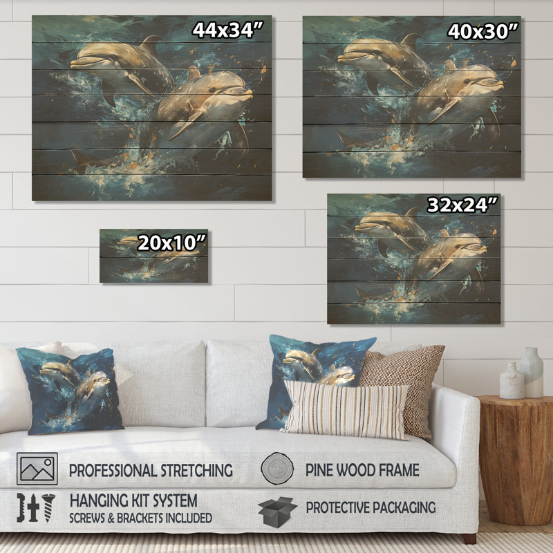 Blue Dancing Dolphines III - Animaux dauphin sur bois, H 34 po x l 44 po x P 0,78 po