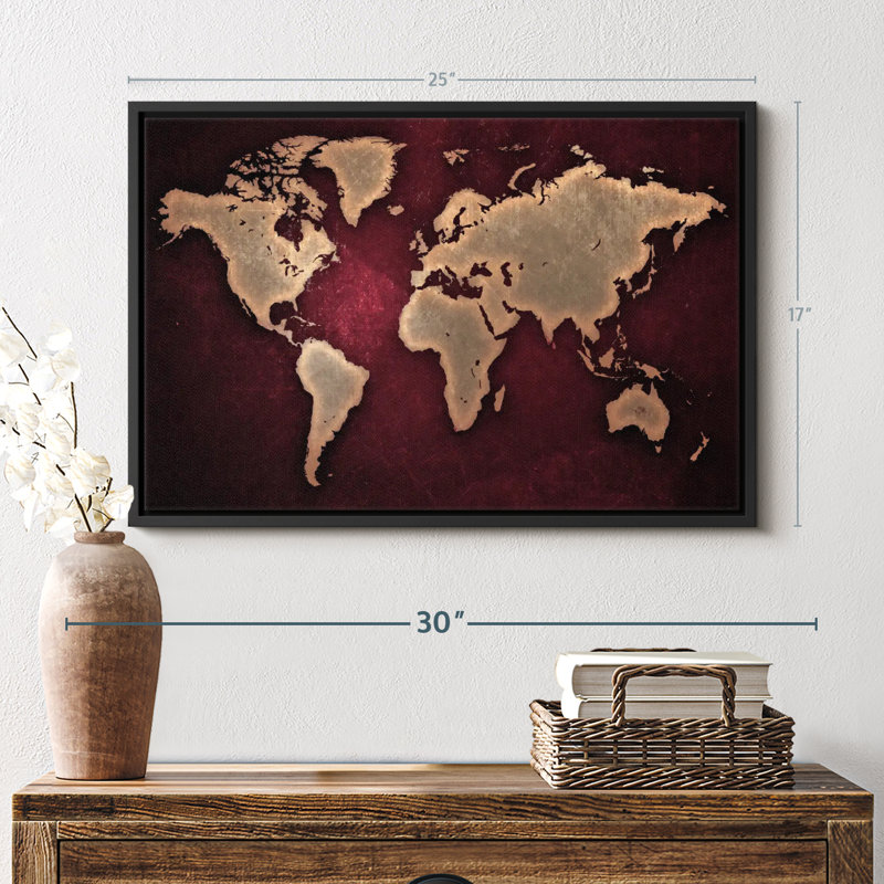 «Maroon World Map Wall Art», H 17 po x l 25 po