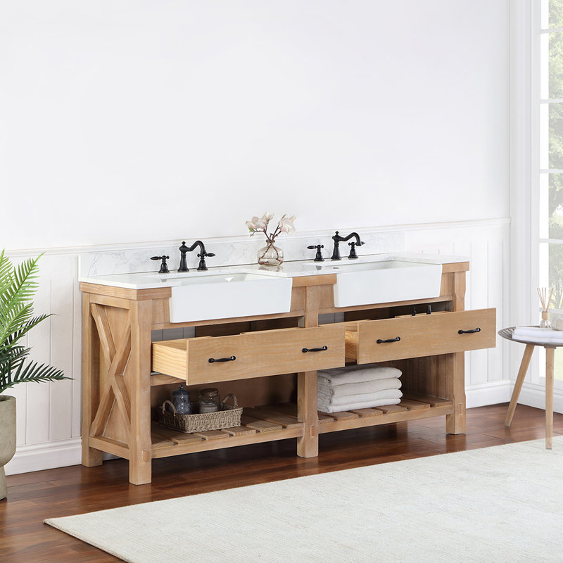 Ensemble de meuble-lavabo double 72 po Villareal, Pin patiné