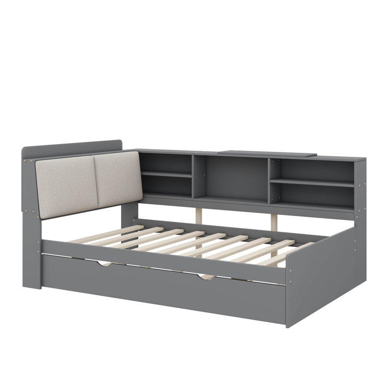 Functional Platform Bed With Pull Out Trundle Shelving Units And Storage Headboard, Grey