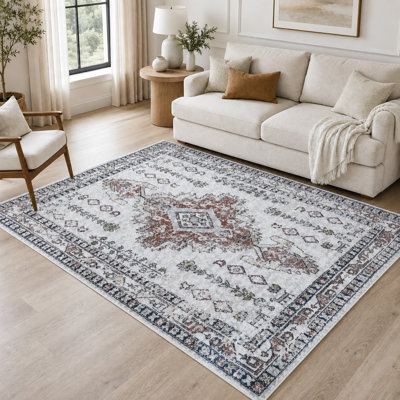 Florant Non-Slip Machine Washable Oriental Indoor Area Rug in Red/Beige/Cream