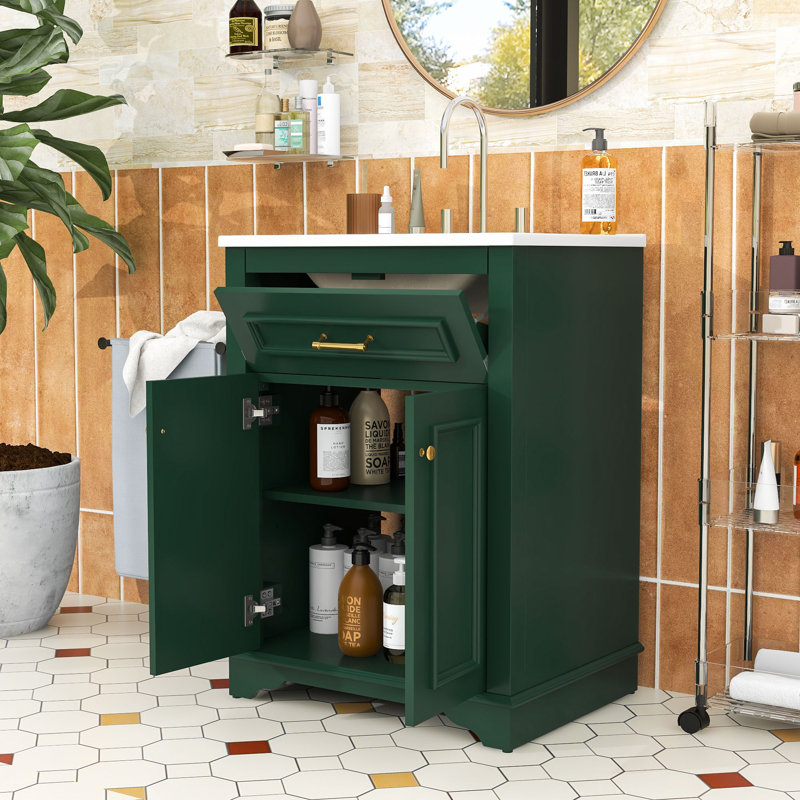 Meuble-lavabo de salle de bain avec lavabo en céramique, tiroir basculant et portes à fermeture en douceur pour espaces compacts