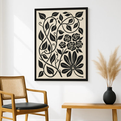 Rose Vine Illustration Black Floater Framed Canvas Wall Art Black Ink Botanical 36" H x 24" W Rose Decor for Bedroom