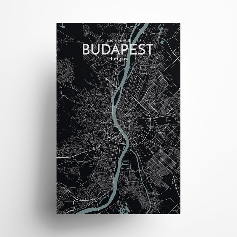 Budapest City Map In Midnight - No Frame Print, 17cm H x 11cm W x 0.05cm D