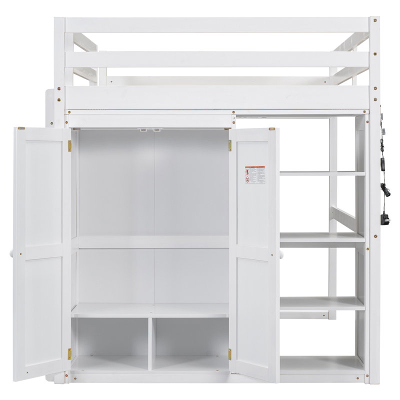 Lit mezzanine en bois avec garde-robe intégré et tablettes de rangement, Blanc