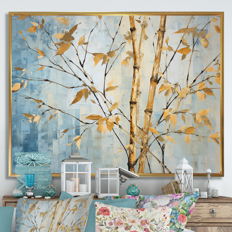 Or et bambou bleu sur toile, Cadre flottant doré, H 30 po x l 40 po x P 1,5 po
