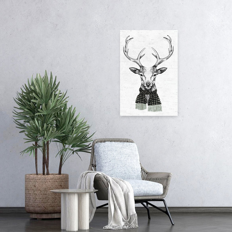 Cerf avec écharpe à carreaux, art lunaire contemporain, H 24 po x l 16 po