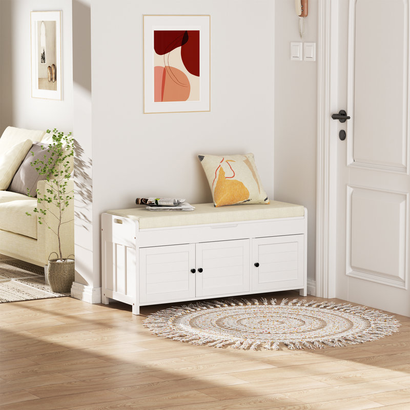 43.5" Entryway Bench with Hidden Shoe Storage and Cushion, White