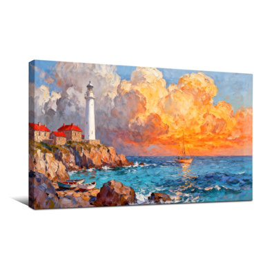 Nautique et plage, phare, coucher de soleil, océan, roches, bateau, ciel, nuages