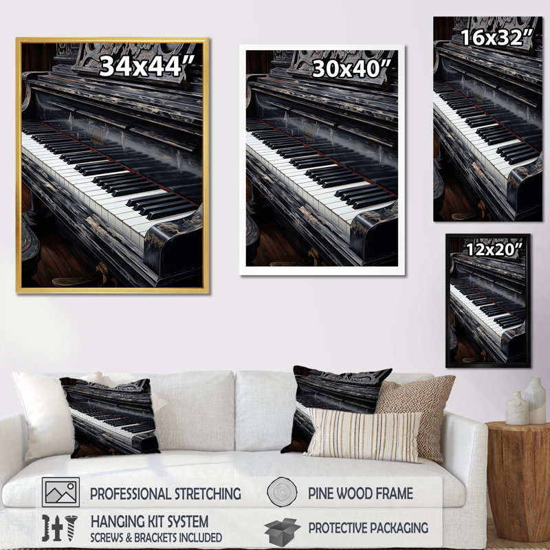 " Black And White Piano Keys To Serenity I ", Black Single Picture Framed, 44" H x 34" W x 1.5" D