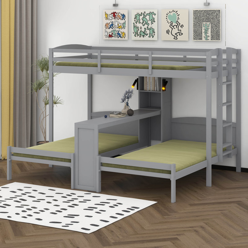 Lit superposé simple au-dessus de simple et simple avec bureau et tablettes de rangement, lit superposé triple 3 en 1 avec lampe de lecture à DEL