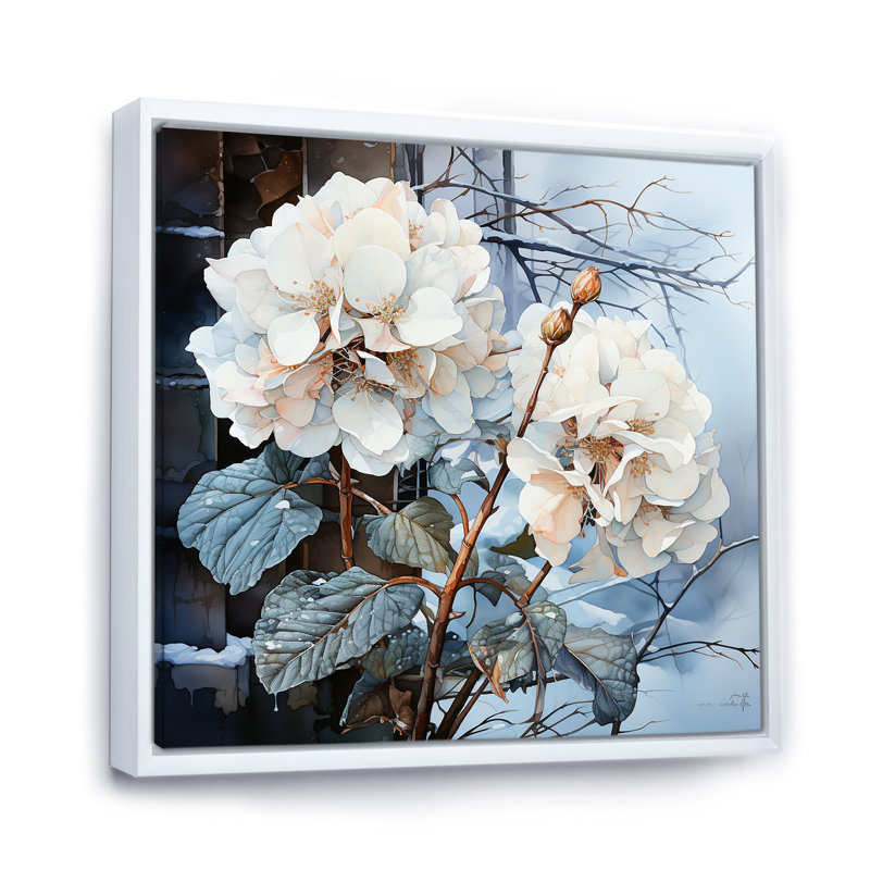 " White Hydrangea Charm In Winter ", 36" H x 36" W x 1.5" D, White Floater Framed