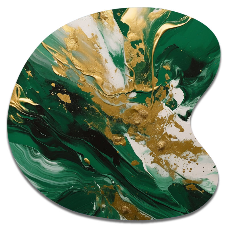 Vert et or Serene Cascade II - impression abstraite asymétrique sur métal, décoration murale en forme unique verte