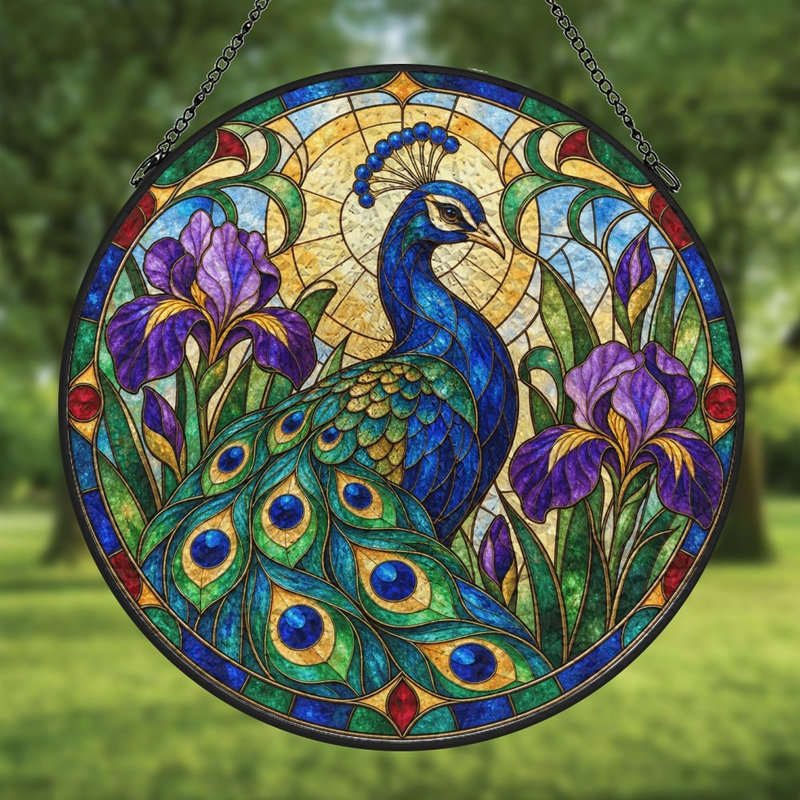 Vitrail paon, iris mauve, vitrail circulaire, panneaux de verre pour décoration de fenêtre, 7,8 x 7,8 po (20 x 20 cm)