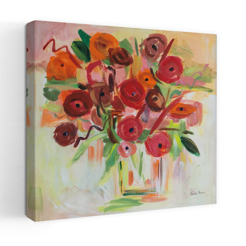 Art contemporain coquelicot avec bouquets de fleurs, H 18 po x l 18 po