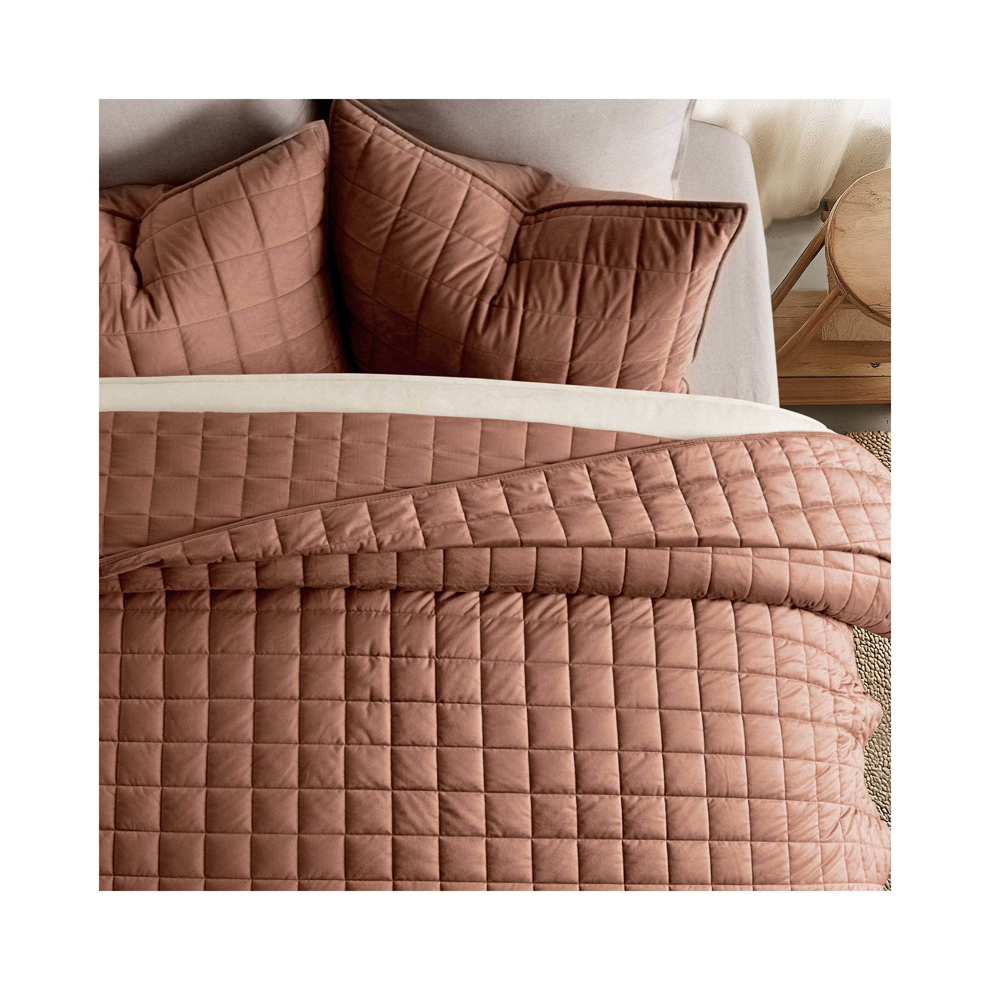 Box Stitch PearlVelvet Quilt set, Terracotta Clay, Queen Quilt + 2 Standard Shams