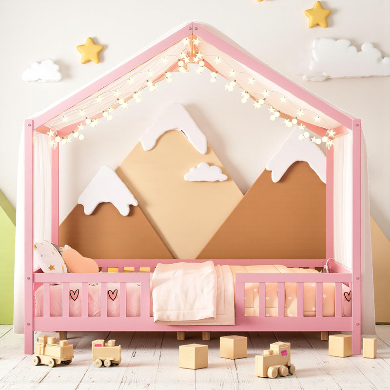 Lit en bois à baldaquin avec clôture et clôture, Complète, Rose
