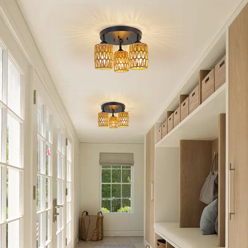Boho Semi Flush Mount Ceiling Light,With Hand-Woven Hemp Rope Shades,Coastal Woven Ceiling Light Fixture For Kitchen/Living Room/Porch
