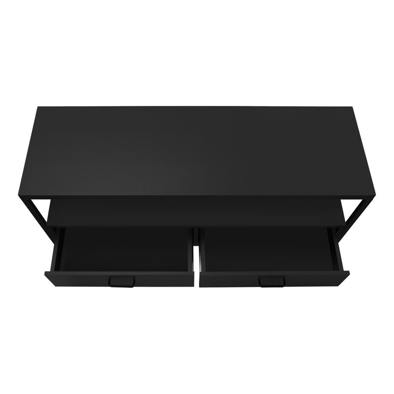 Meuble télé moderne avec cadre en métal, tablettes ouvertes et tiroirs de rangement pour le salon ou la chambre à coucher