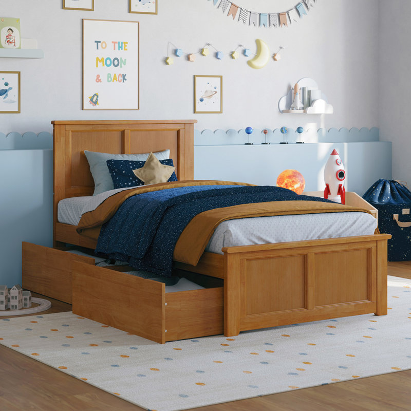 Lit plateforme en bois massif Madison avec pied de lit et tiroirs de rangement assortis , Caramel clair  , Simple