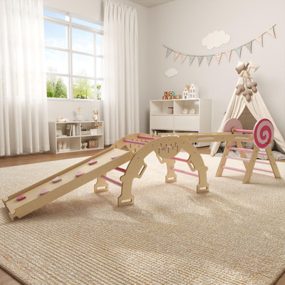 4-in-1 Toddler Climbing Triangle, Indoor Wooden Jungle Gym with Ramp, Arch & Ladder for Kids 1-3