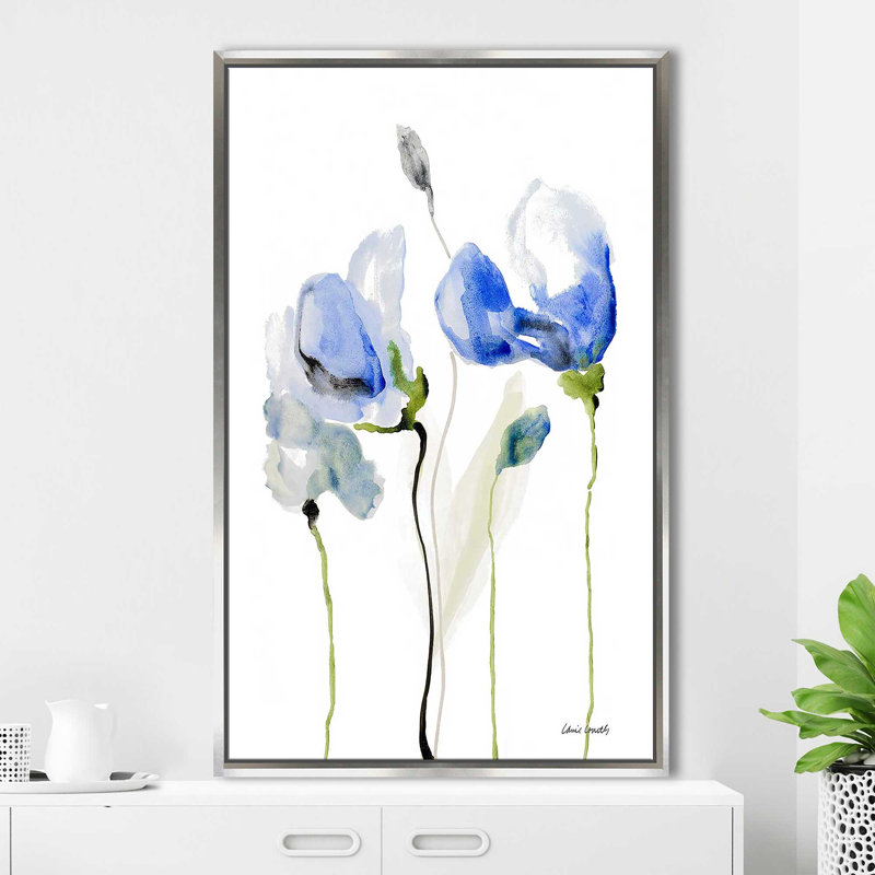 «All Poppies II» par - Peinture, Cadre flottant argent, H 51,5 po x l 31,5 po x P 2 po