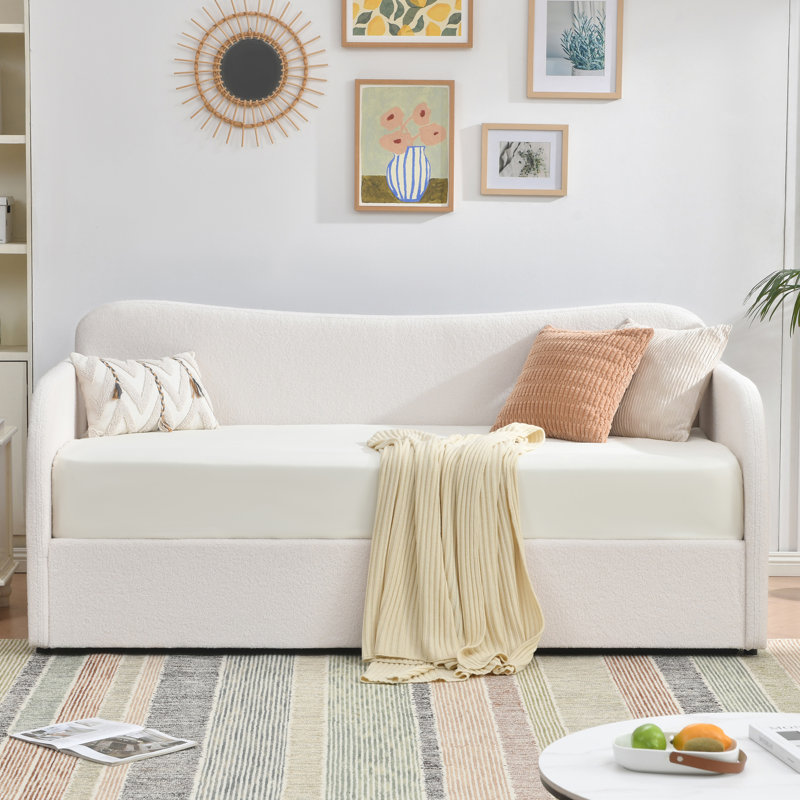 Boucle Curved Upholstered Daybed with Hydraulic Lift Up Storage , White