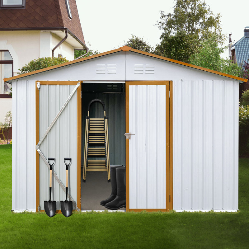 Remises de jardin en métal avec portes doubles, Blanc/naturel