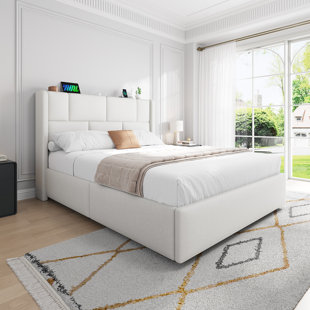 Ottoman Bed Frame with Hydraulic Lift-Up Storage, Charging Station and Height-Adjustable Headboard, Modern Linen Upholstered Bed with Under-Bed Storage Space