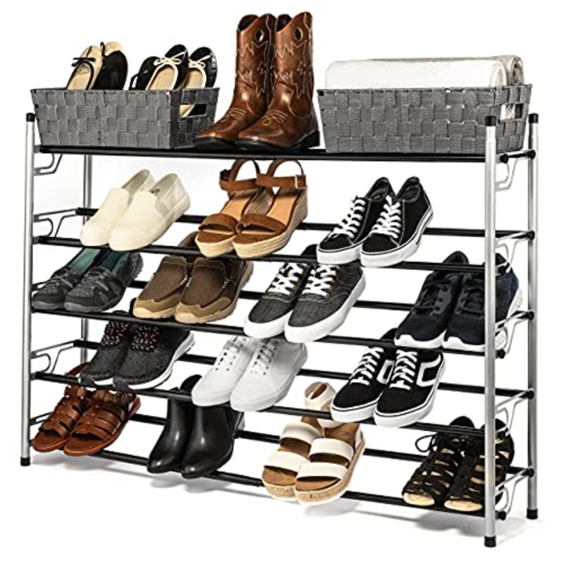 Expandable 5-Tier Silver Metal Shoe Rack