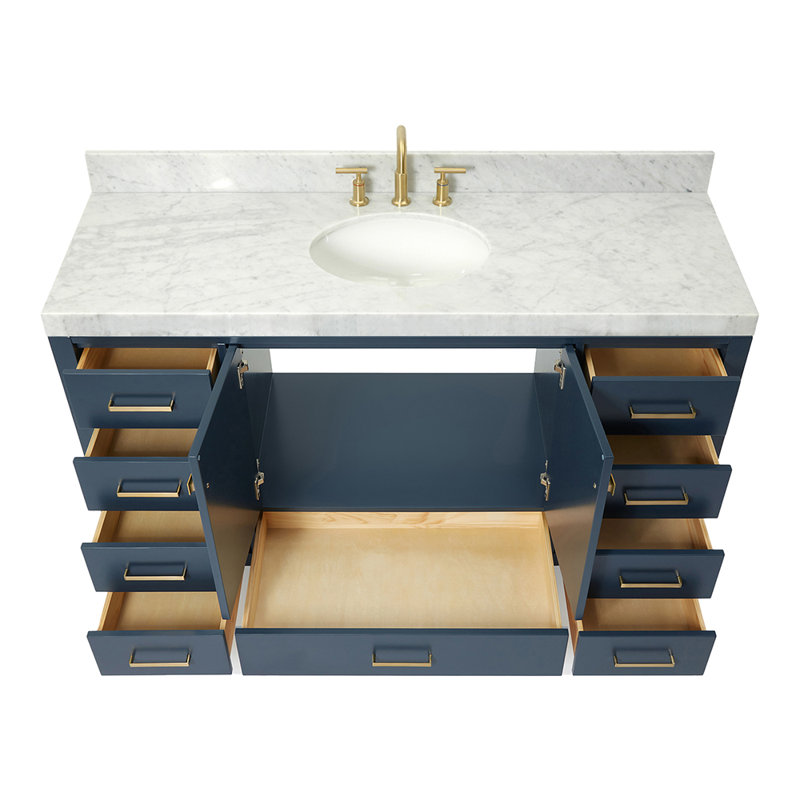 Cambridge Single Bathroom Vanity with Carrara Marble Top, Midnight Blue