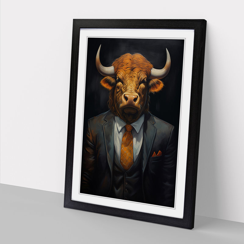 Buffalo In A Suit Painting No.3 - Single Picture Frame Print on Wood, Black Framed, 46cm H x 34cm W x 2cm D