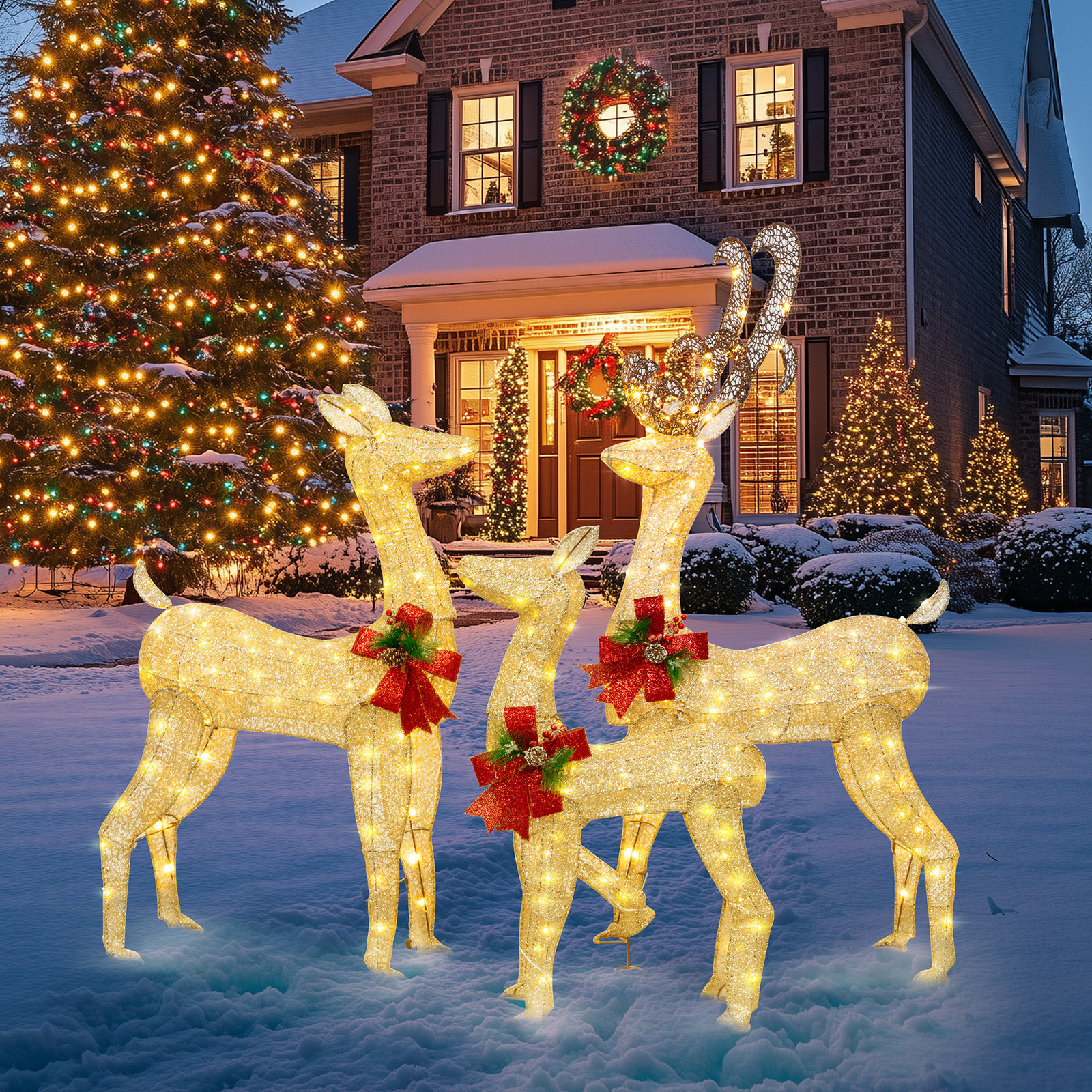 3-Piece Lighted Christmas Deer Set, Gold