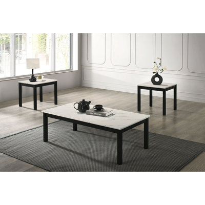 Ensemble de table contemporaine 3 pièces - 1 table basse et 2 tables de bout avec plateau en faux marbre et pieds en bois massif pour le salon
