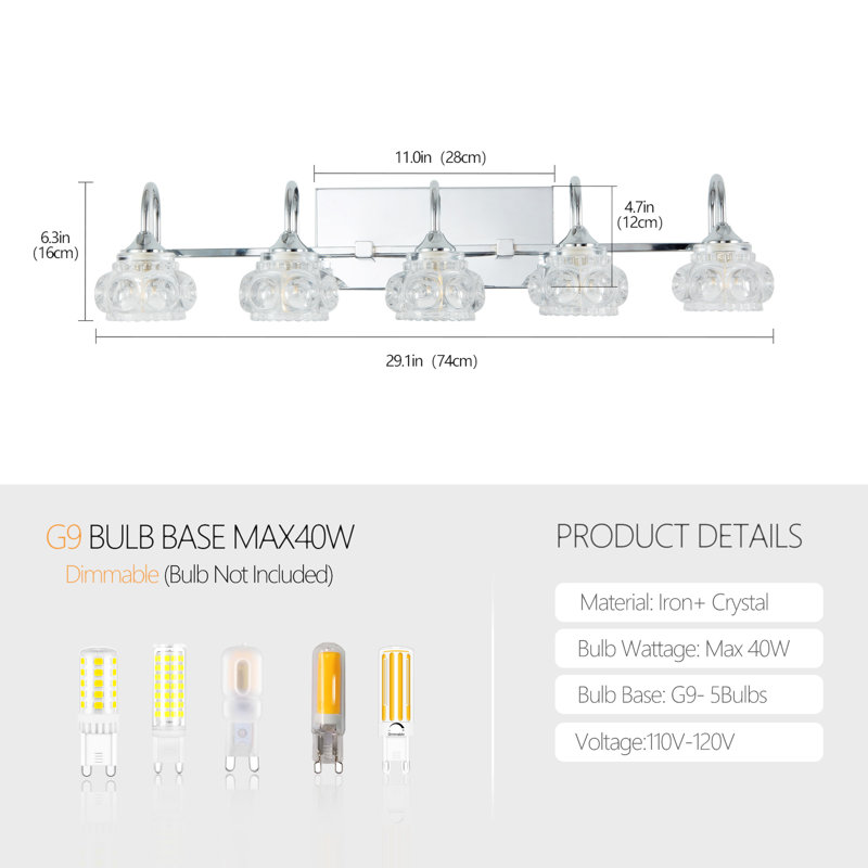 Luminaire de meuble-lavabo rétro 5 lumières 29 "avec abat-jour en cristal, Nickel brossé