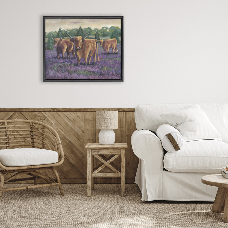 Cadre flottant mauve avec champs et vaches, design par Marnie Bourque, Cadre flottant noir de jais, H 17 po x l 21 po