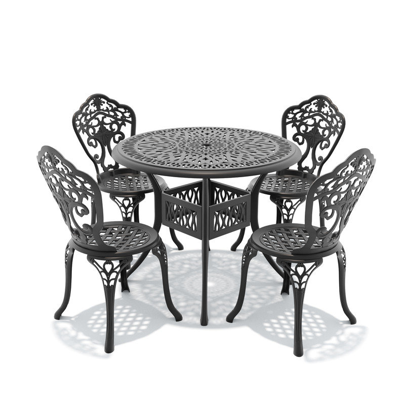 5-Piece Cast Aluminum Outdoor Dining Set,35.43" Round Table with Umbrella Hole & 4 Chairs with 15.35" Seat Width